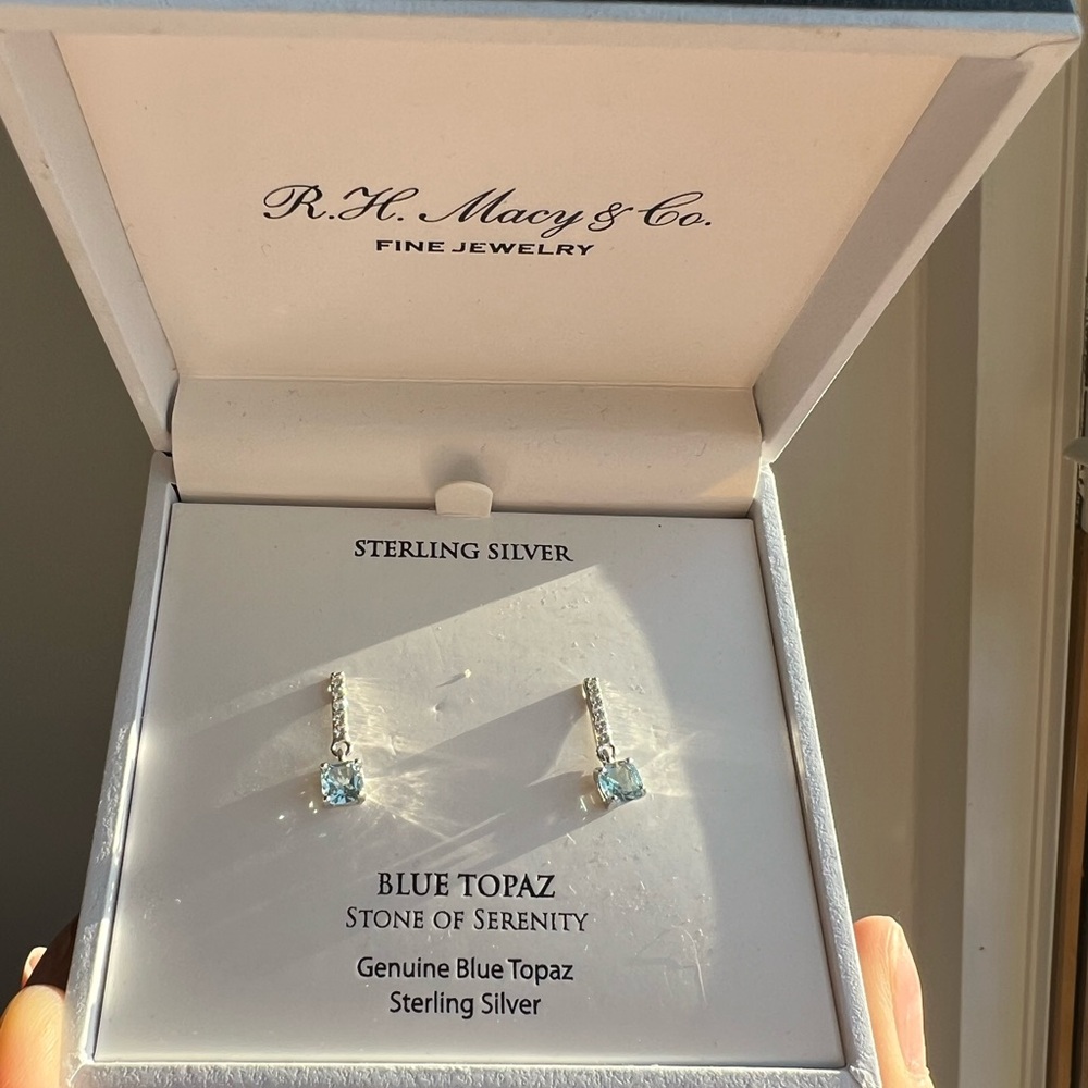 NEW W/ BOX Blue Topaz Sterling Silver small/ Dainty Earrings